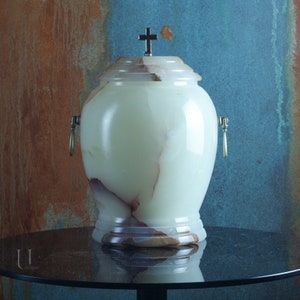 Natural onyx urn for human ashes - Cross/Lily on lid - Personalized Memory Plaque - Large urn for adult