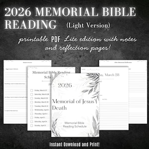 Peut inclure: Un PDF imprimable avec le texte "2026 Lecture biblique commémorative" et "Mémorial de la mort de Jésus". Les pages comprennent un calendrier de lecture, des notes et des pages de réflexion. Le design est en noir et blanc.