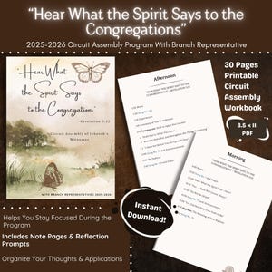 Può includere: Un quaderno stampabile dell'Assemblea di Circuito, 21,6 x 27,9 cm, con il titolo "Hear What the Spirit Says to the Congregations". La copertina presenta un'illustrazione di farfalla e testo. Include pagine di note e spunti di riflessione. Download istantaneo.