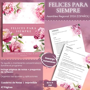 Cuaderno de Notas Asamblea Regional 2026 « Felices para siempre » (espagnol) | Carte imprimable PDF 8,5 x 11 | Réflexions + métas