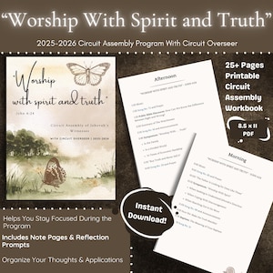 Op de afbeelding: Een afdrukbaar circuitvergaderingswerkboek met de tekst "Worship With Spirit and Truth" voor 2025-2026. Het bevat notitiepagina's en reflectie-opdrachten. Het ontwerp toont vlinders en de tekst "Instant Download!"