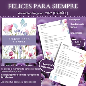Pode incluir: Um caderno PDF imprimível com o texto "FELICES PARA SIEMPRE" e "Asamblea Regional 2026 (ESPAÑOL)". O caderno tem desenhos florais em aquarela e inclui notas e perguntas de reflexão. Mede 21,59 x 27,94 cm.