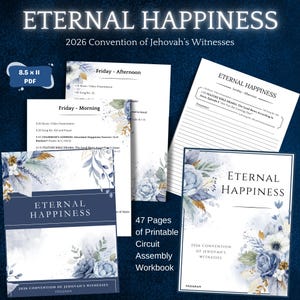 Op de afbeelding: Een verzameling afdrukbare werkboeken en programma's voor het congres van Jehovah's Getuigen in 2026. De materialen tonen de titel "Eternal Happiness" met blauwe en gouden bloemmotieven. Het PDF-formaat is 21,59 cm x 27,94 cm.