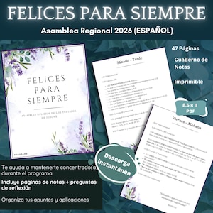 Op de afbeelding: Een afdrukbaar PDF-programma in het Spaans voor de Regionale Assemblee 2026, getiteld "FELICES PARA SIEMPRE". Het ontwerp bevat lavendelbloemaccenten en bevat notitiepagina's, reflectievragen en organisatietools. De PDF is 8,5 x 11 inch.