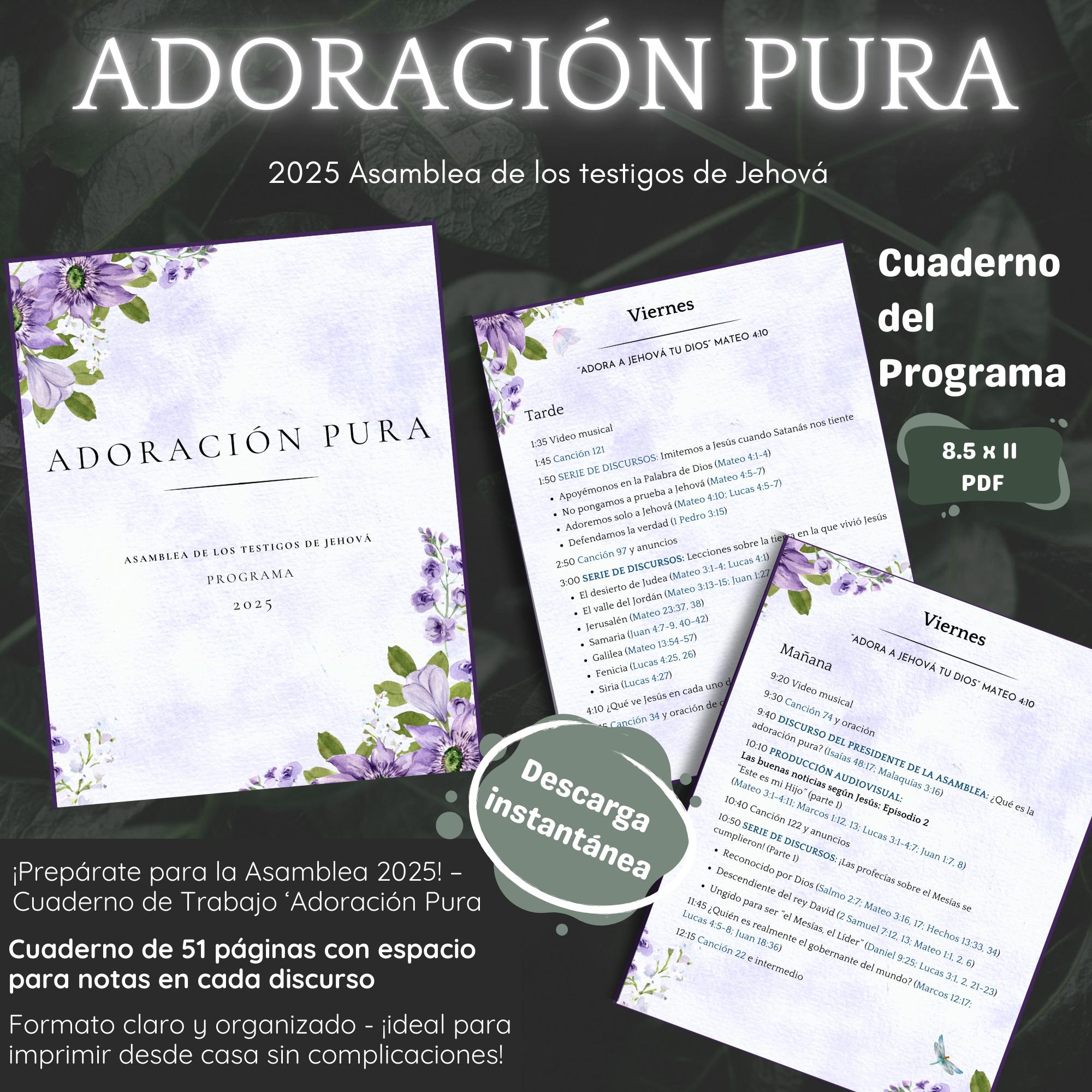Cuaderno Asamblea Testigos de Jehová 2025 - Adoración Pura - Programa Completo, Notas, Drama Bíblico, Guía Estudio - PDF Descarga Inmediata