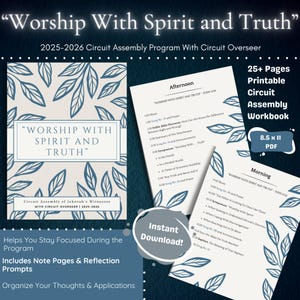 Könnte beinhalten: Ein druckbares Bezirksversammlung-Arbeitsbuch mit dem Text "Worship With Spirit and Truth" und den Jahren 2025-2026. Das Arbeitsbuch enthält Notizseiten und Reflexionsaufforderungen. Das PDF ist 21,59 x 27,94 cm groß.
