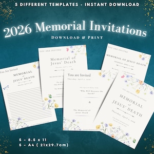 May include: A collection of five invitation templates for the 2026 Memorial of Jesus' Death. The invitations are white with floral accents and text. The dimensions are 8.5 x 11 inches and A4 (21x29.7cm).