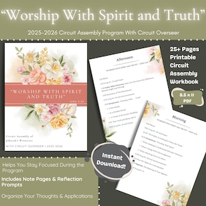 May include: A printable Circuit Assembly workbook with the text "Worship With Spirit and Truth" and the years 2025-2026. The cover features floral artwork. Includes note pages and reflection prompts. The workbook is 8.5 x 11 inches.