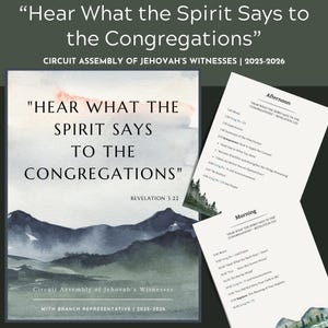 Op de afbeelding: Afbeelding ter promotie van een kringvergadering van Jehovah's Getuigen voor 2025-2026, met de tekst "Hoor wat de geest tot de gemeenten zegt." Het ontwerp bevat een aquarel berglandschap en een schema.