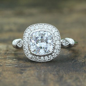 1.5 CT  Cushion Cut Diamond Engagement Ring, Handcrafted Platinum Small Stone Ring, Sterling SilverCubic Zirconia Fancy Halo Ring