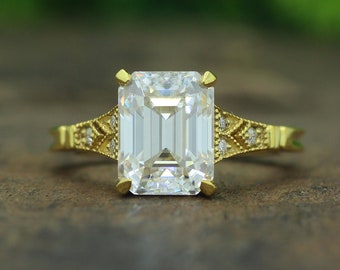 Anillo de compromiso de moissanita de talla esmeralda de 2,0 CT, anillo de propuesta de conjunto milgrain, anillo de boda Art Déco, anillo de aniversario de oro macizo amarillo de 14 k