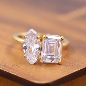 Toi Et Moi Ring, Emerald & Marquise Cut Wedding Ring, Classic Hidden Halo Ring, Fancy Two Stone Ring, Engagement Ring, Solid Gold Women Ring
