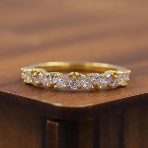 Marquise and Round Cut Lab Grown Diamond Band, Lab Created Diamond Wedding Band, Half Eternity Matching Band, Stackable Band for Women.