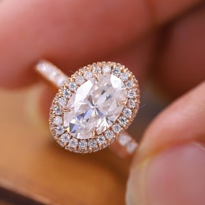 2.5 CT Halo Oval Cut Colorless Moissanite Engagement Ring, Classic Solitaire Wedding Ring, Pave Set Half Eternity Ring, Anniversary Gift