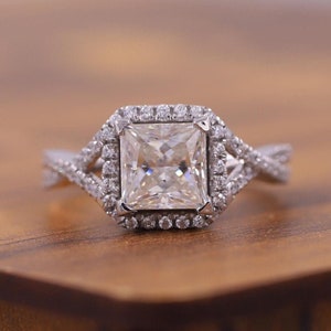 Princess Cut Lab Created Diamond Ring, IGI Certified Diamond Ring, Classic Halo Engagement Ring, Split Shank Diamond Band, Ring for Women.