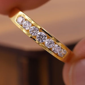 Channel Set Diamond Wedding Band, 10k Solid Yellow Gold Rind, Diamond Stackable Ring, Round Diamond Stacking Wedding Ring, Anniversary Ring