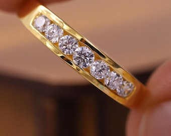 Anello nuziale con diamanti incastonati a canale, anello in oro giallo massiccio 10k, anello impilabile con diamanti, anello nuziale impilabile con diamanti rotondi, anello per anniversario