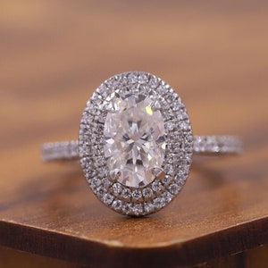 Double Halo Lab Grown Diamond Ring, Oval Cut Engagement Ring, Half Eternity Colorless Lab Diamond Ring, 14K White Gold Wedding Ring for Her.