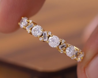 Round Baguette Half Eternity Band for Women, 14K Gold Stacking Wedding ...