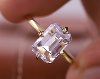 Anillo de compromiso con solitario de oro macizo de 14 quilates con diamantes de talla esmeralda de 2,5 CT, anillo esmeralda alargado para mujer, anillo CZ esmeralda solitario para ella