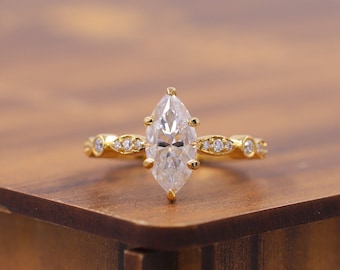 Marquise Cut Moissanite Engagement Ring, Solitaire Hidden Halo Ring With Side Stones, 14k Gold Promise Art Deco Ring, Anniversary Ring