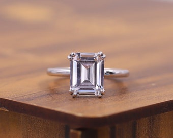 Unique Double Claw Prong Set Wedding Ring, 1.5 CT Emerald Cut Moissanite Engagement Ring, Anniversary Gift, Classic Diamond Gift For Her