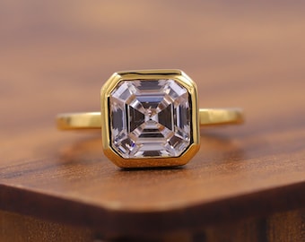 Anello nuziale Art Déco in oro giallo 14k, regalo di anniversario, anello di fidanzamento in Moissanite con taglio Asscher da 2,0 CT, anello nuziale solitario con castone completo