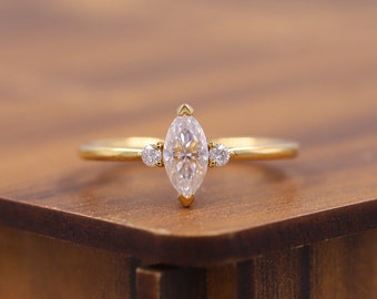14K Solid Gold Three Stone Ring, Art Deco Ring, 1.0 CT Marquise Cut Moissanite Engagement Ring, Anniversary Gift, Lab Diamond Wedding Ring