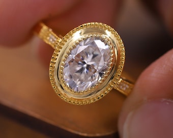 Full Bezel Set Wedding Ring, Oval Cut Solitaire Designer Ring, Unique Moissanite Diamond Ring, Milgrain Set Engagement Ring, Birthday Gift.
