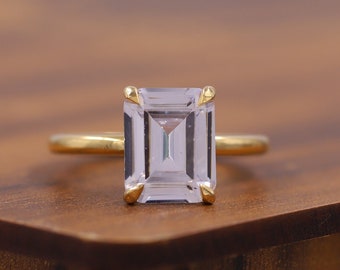 Fede nuziale in pietra simulata con taglio smeraldo da 2,0 CT, anello solitario a quattro punte per proposta, anello di fidanzamento in oro massiccio 14K, regalo di anniversario