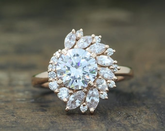 Anillo de compromiso Moissanite de corte redondo, anillo de promesa, anillo de boda de oro rosa de 14K, anillo marquesa Starburst para mujer, anillo de aniversario para ella