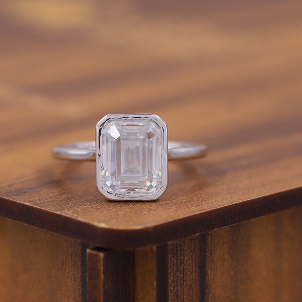 2.0 Carat Emerald Bezel Solitaire Ring Emerald Cut Diamond Simulant Engagement Ring Dainty Promise Bezel Ring Solitaire Bezel Ring [BR8554]