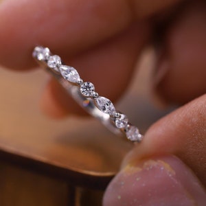 Rose gold wedding band, women Moissanite Bridal Ring, Marquise cut Diamond stacking Band, matching Unique Half eternity Ring, Promise Ring