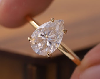 Anillo de compromiso con halo oculto de solitario de talla pera de 1,5 CT, anillo de conjunto de 4 puntas simulado, anillo de plata de ley único, anillo delicado de una sola piedra