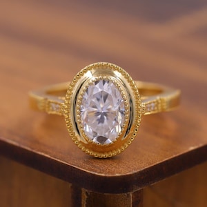 Anillo de bodas con engaste de bisel elegante, anillo nupcial con engaste milgrain clásico, anillo de compromiso con diamantes cultivados en laboratorio de talla ovalada, anillo de bodas certificado para mujeres