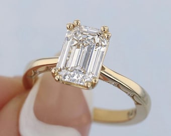 1.5 CT Emerald Cut Solitaire Engagement Ring, Diamond Emerald Cut Wedding ring, Emerald cut Promise Ring, Anniversary, 14K  Gold Plated