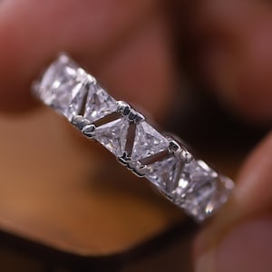 Full Eternity Engagement Band, Trillion Cut Moissanite Diamond Wedding Band, White Gold Band, Anniversarty Gift, Promise Ring For Women