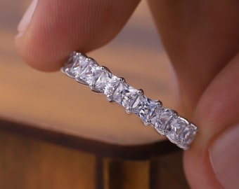 Anello dell'eternità con moissanite taglio principessa da 3,0 mm, fede nuziale abbinata, fascia comfort fit, anello regalo per anniversario, fede nuziale 14k per lei