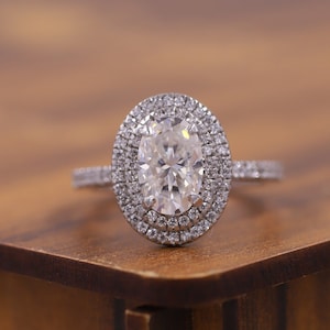 2.0 CT Double Halo Sterling Silver Ring, Oval Cut Moissanite Engagement Ring, Lab Diamond Half Eternity Wedding Ring, Anniversary Gift