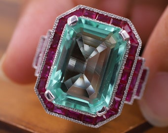 925 Sterling Silver Green Emerald Cut Ring, Cocktail Victorian Big Ring, Ruby Baguette Diamond Ring, Art Deco Ring For Women's, Trendy Ring