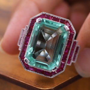 Anello in argento sterling 925 con taglio smeraldo verde, anello grande vittoriano da cocktail, anello con diamanti a baguette e rubino, anello Art Déco per donna, anello alla moda