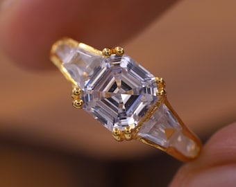 Anillo de bodas clásico de cinco piedras, anillo de diamantes creado en laboratorio con corte Asscher, anillo de compromiso con engaste de bisel completo, anillo de promesa con engaste de doble punta único.