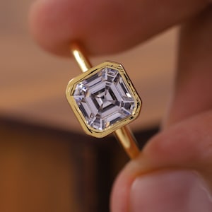 2.0 CT Asscher Cut Moissanite Engagement Ring, Full Bezel Set Solitaire Wedding Collection Ring, Yellow Gold Art Deco Anniversary Gift