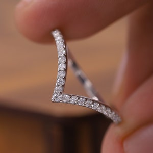 V Shaped Diamond Wedding Band, Half Eternity Round Moissanite Brilliant Cut Sterling Silver Engagement Band, Unique Matching Curved Band