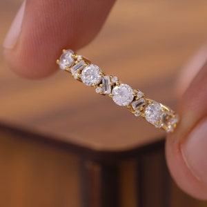 Art-Deco-Baguette- und runder Diamant-Ehering, 14K Diamant-Eternity-Band, Diamant-Jubiläumsring, Braut Matching Band