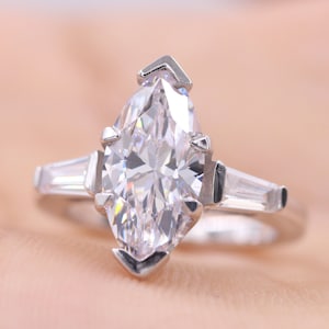Marquise Cut Moissanite Diamond Three Stone Engagement Ring, Side Tapered Baguette Wedding Ring, White Gold Promise Ring, Anniversary Gift
