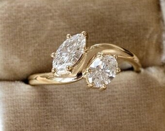 Toi et Moi Diamond Ring, Oval and Marquise Cut Moissanite Engagement Ring, Two Stone Bypass Shank Ring, Anniversary Gift, Ring for Women.