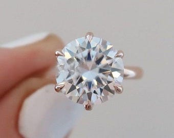 Anillo solitario de diamante cultivado en laboratorio de talla redonda D-VVS2 de 2,0 a 2,50 quilates, anillo de compromiso de oro rosa de 6 puntas, anillo de diamante cultivado en laboratorio de talla excelente