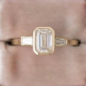 Full Bezel Set Engagement Ring, Lab Grown Diamond Wedding Ring, Emerald Cut Three Stone Ring, Baguette Side Diamonds Ring, Anniversary Gift.