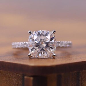 14K White Gold Square Cushion Cut Ring, Lab Grown Diamond Engagement Ring, Classic Hidden Halo Wedding Ring, Half Eternity Diamond Ring.